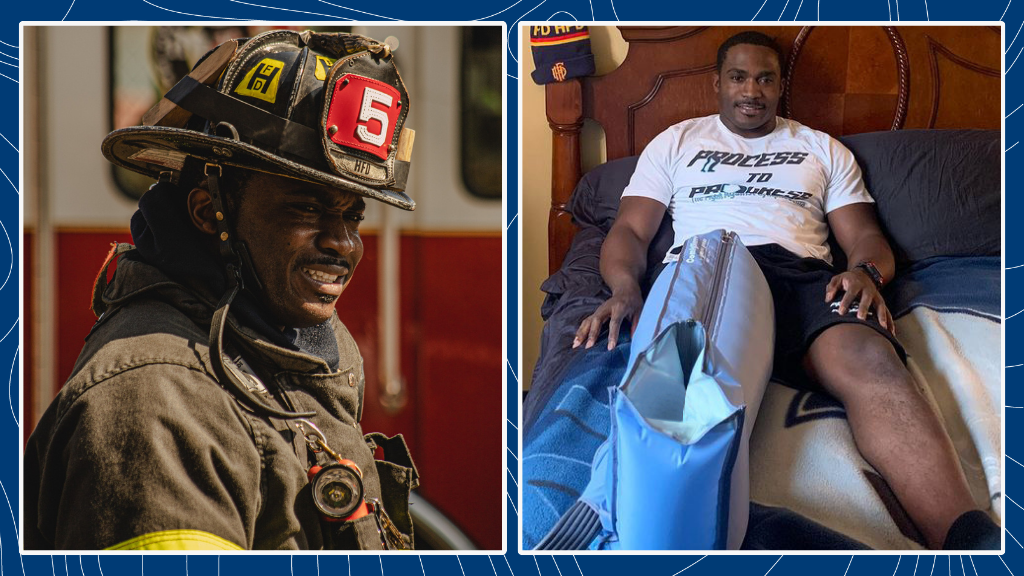 Two photos of Dominique Rogers: one a portrait of Dom in his firefighter gear, and the other of Dom wearing a Lympha Press leg garment.